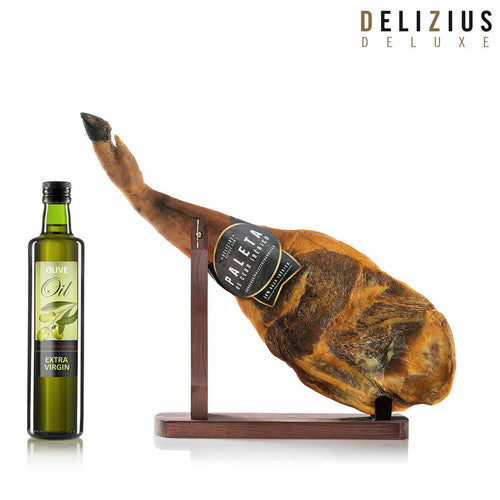 Set aus iberischem Cebo-Vorderschinken, Olivenöl und Schinkenhalter Delizius Deluxe